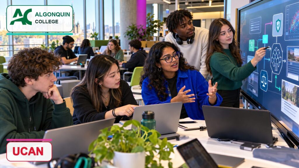 Algonquin College students discussing responsible artificial intelligence in a modern collaborative classroom