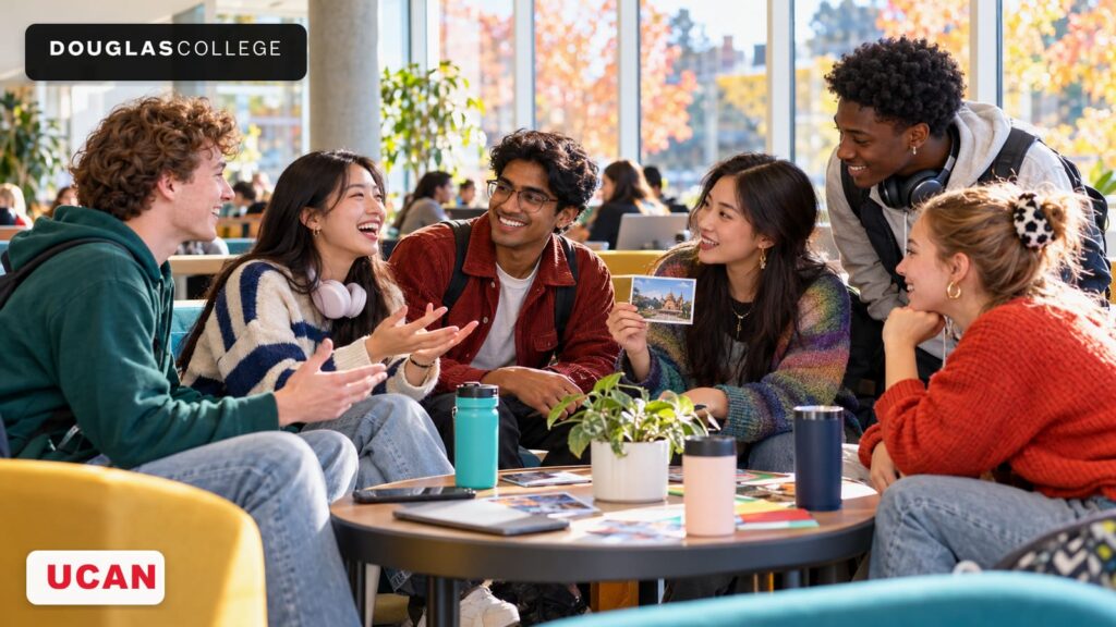 Douglas College students sharing stories at an International Café gathering on the New Westminster campus