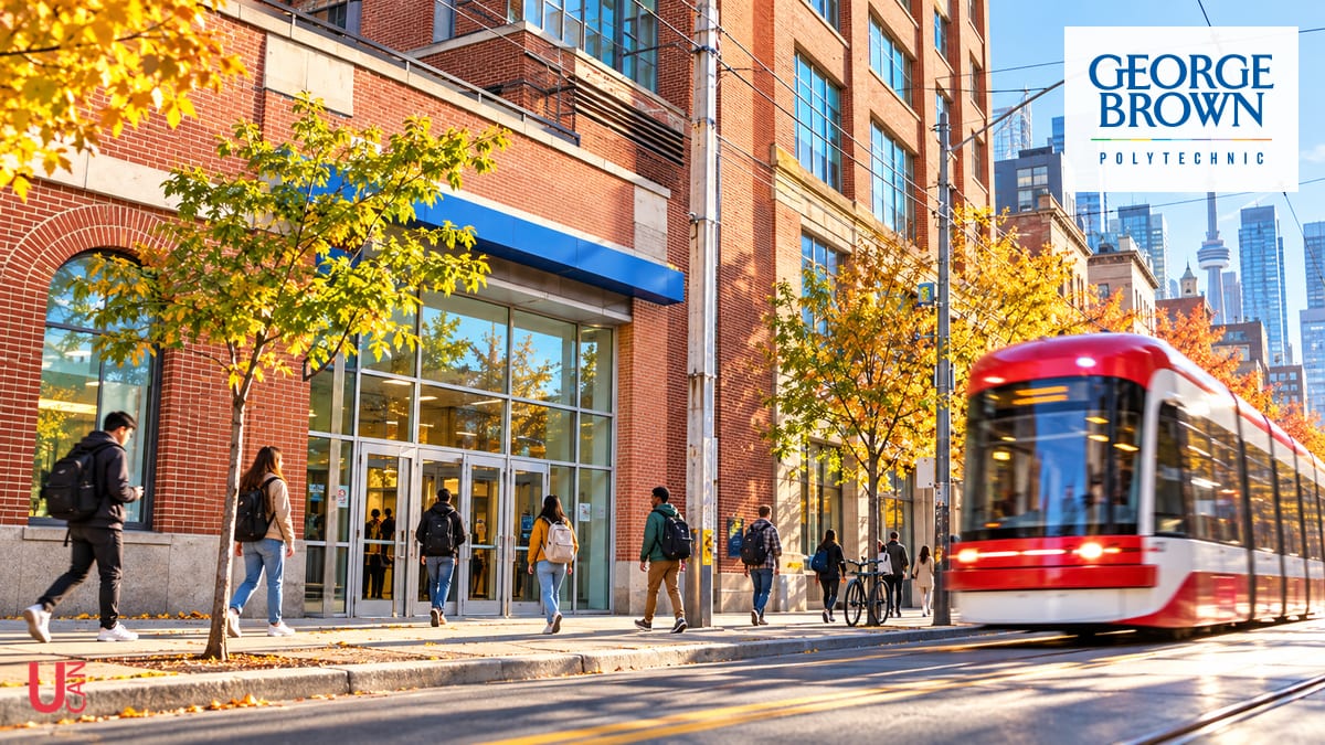 AI illustration of student life beside a Toronto streetcar at George Brown St. James Campus