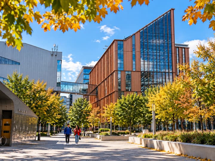 AI illustration of a walk between classes beside Limberlost Place at George Brown Waterfront Campus