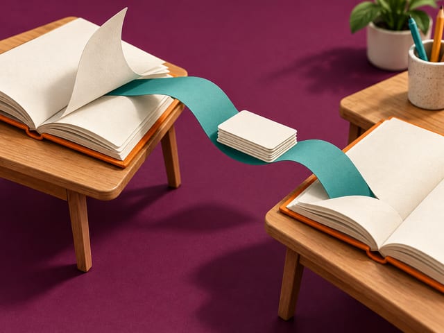 AI-generated illustration of lesson books connected by a ribbon, symbolizing course continuity