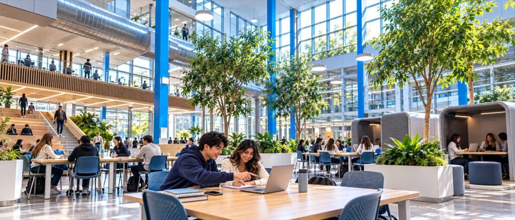 Students collaborate on an AI scholarship-matching project in a bright college learning commons