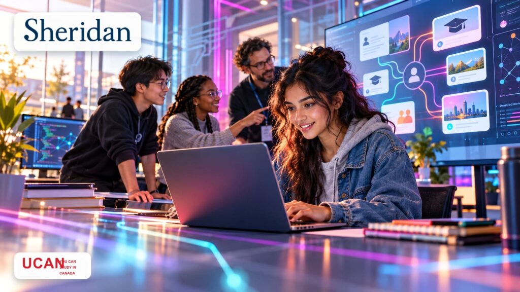 Sheridan College students collaborate on an AI scholarship-matching platform in a bright applied research lab